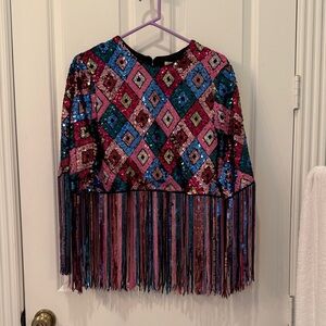 Sequin Fringe Top with Geometric Pattern
